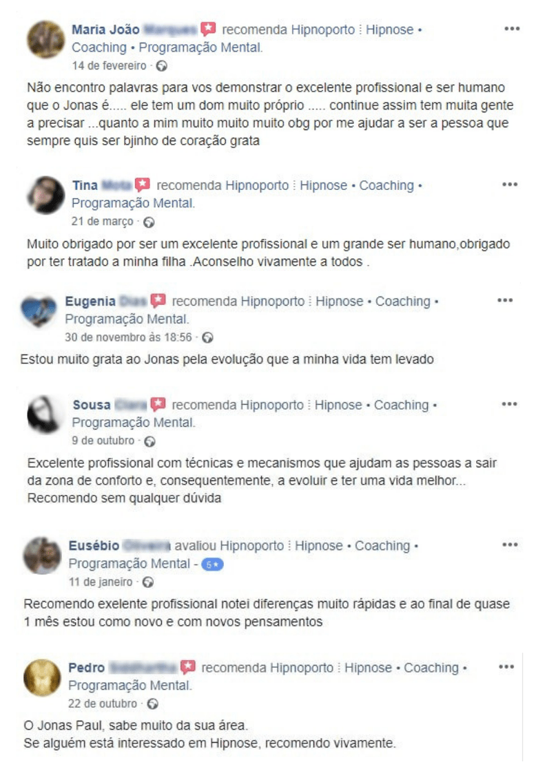 Testemunhos de clientes de hipnose no Porto — Facebook (1)