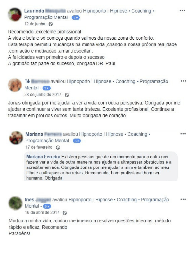 Testemunhos de clientes de hipnose no Porto — Facebook (2)